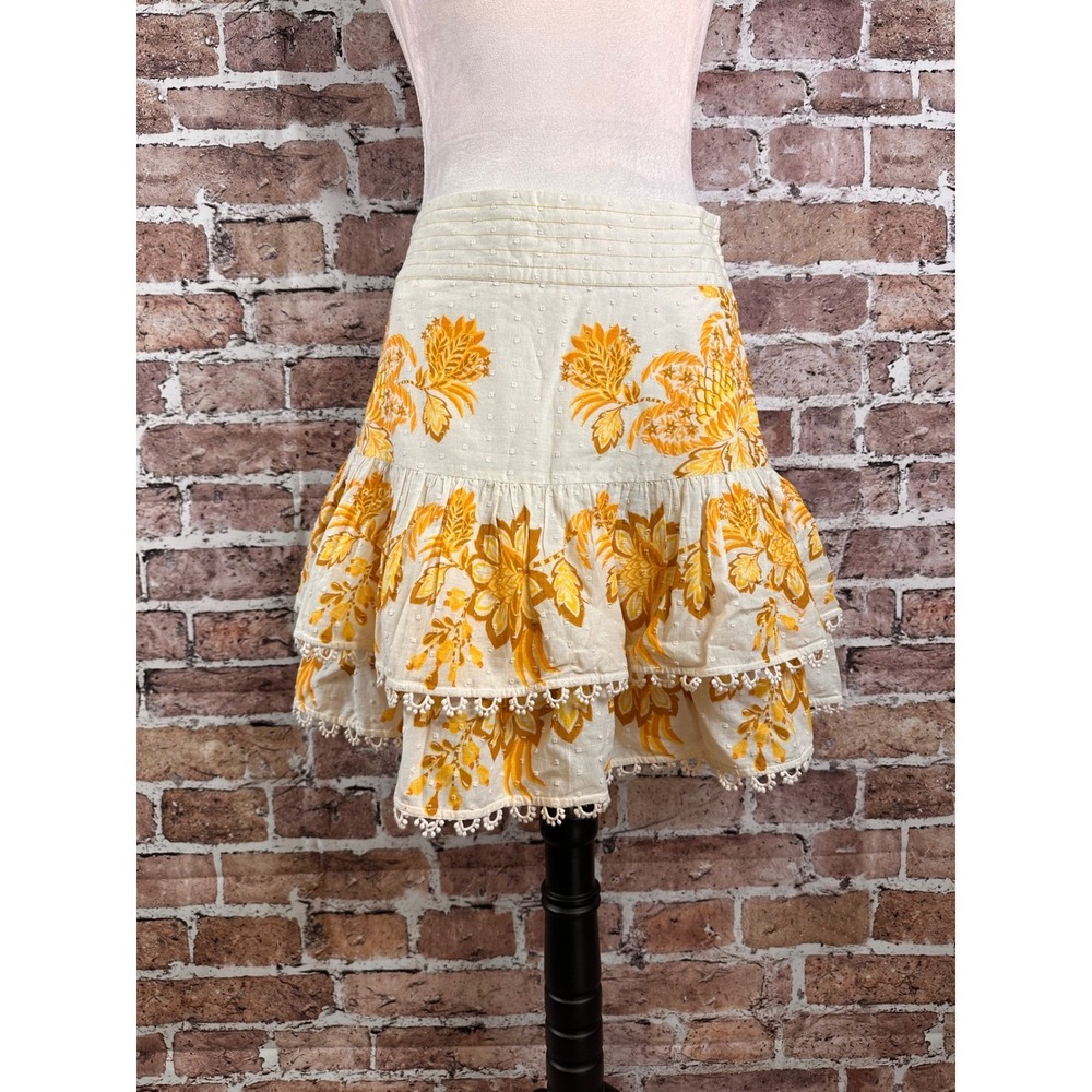 Farm Rio Yellow Floral Swiss Dot Tiered Mini Skirt with Pom Pom Trim Womens S
